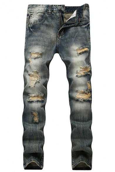 Casual Mens Plain Jeans Medium Wash Distressed Design Pocket Detail Zipper Placket Jeans