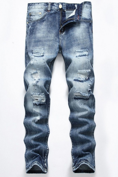 Casual Mens Plain Jeans Medium Wash Distressed Design Pocket Detail Zipper Placket Jeans