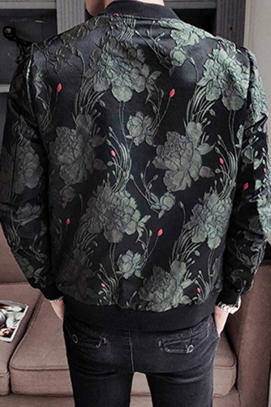 Guy's Vintage Jacket Floral Printed Pocket Long Sleeve Stand Collar Zip Placket Jacket