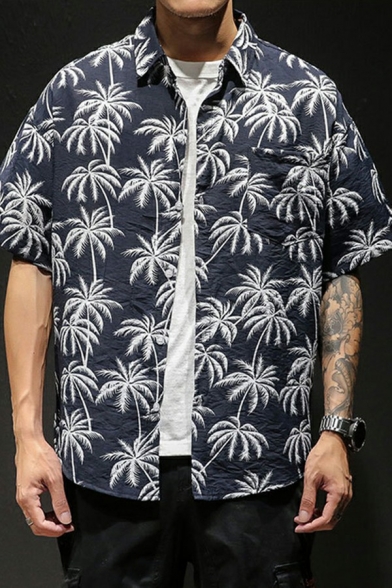 Men Leisure Shirt Tropical Plant Print Turn-down Collar Button Closure Short-Sleeved Shirt