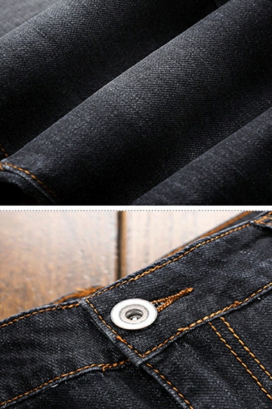 Men Popular Jeans Contrast Square Print Zip Placket Pocket Detail Jeans in Black