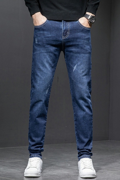 Modern Men's Jeans Plain Distressed Zip Fly Full Length Pocket Detail Bleach Jeans