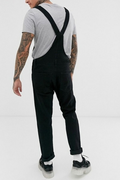 Stylish Denim Overalls Pure Color Distressed Design Pocket Detail Bib Overalls for Men