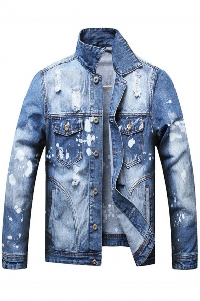 Stylish Men Blue Jacket Ink Splash Pattern Turn-down Collar Long Sleeves Button Up Denim Jacket