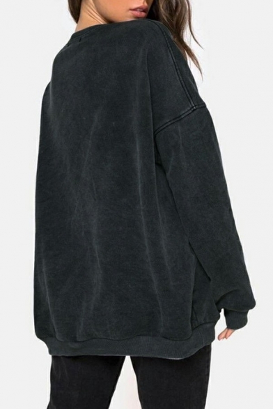 Stylish Women Sweatshirt Angel Print Round Neck Long-Sleeved Sweatshirt in Black