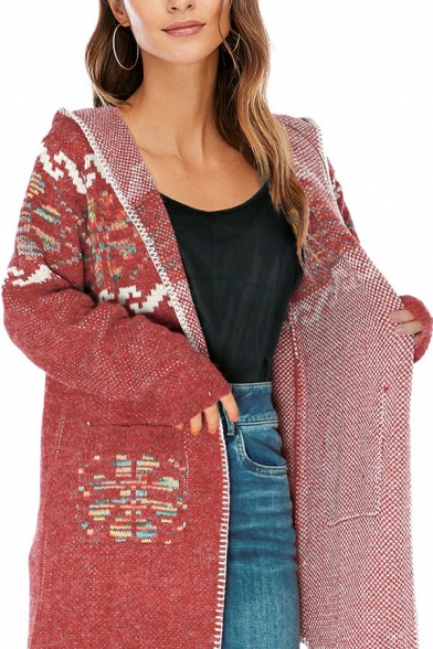 Women Cardigan Dashing Tribal Pattern Long Sleeve Open Front Fitted Knit Cardigan