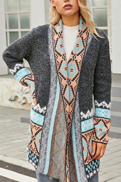 Women Cardigan Popular Tribal Print Long Sleeve Open Front Fitted Knit Cardigan