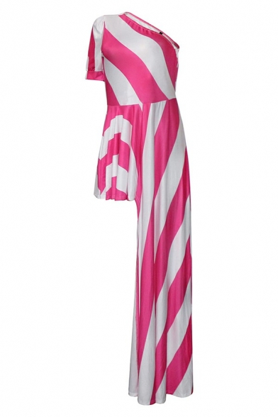 Women Modern Dress Stripe Print One Shoulder Cap Sleeve Ribbons Detail Short Dress