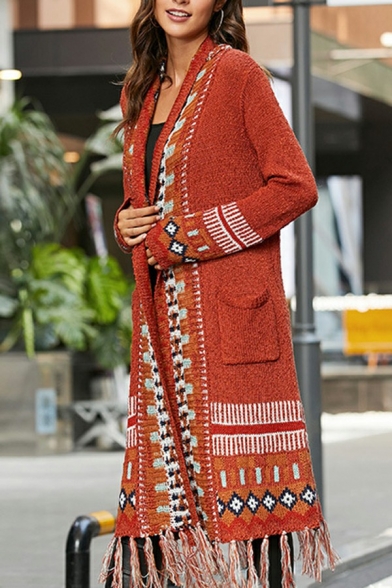 Women Trendy Cardigan Tribal Printed Long Sleeve Open Front Fitted Knit Cardigan