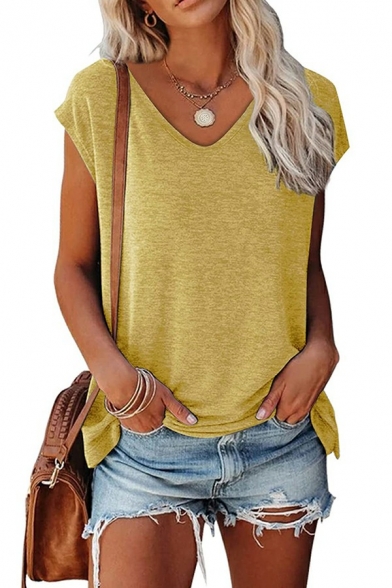 Womens Classic T-shirt Pure Color Short Sleeve V-Neck Relaxed Fit Tee Top