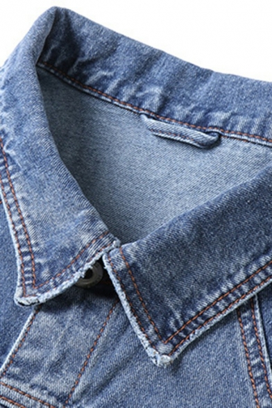 Basic Blue Denim Jacket Button Closure Spread Collar Pocket Detail Denim Jacket for Men