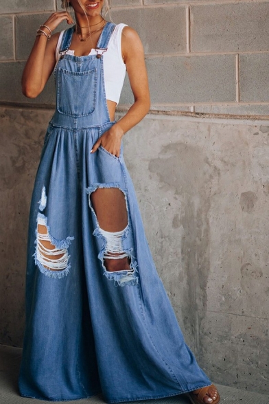 Cool Women Jeans Solid Color Ripped Pockets Full Length Flared Denim Overalls