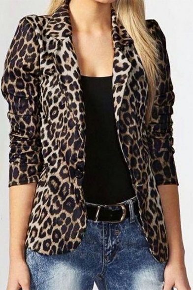 Fancy Women's Suit Blazer Leopard Pattern Single Button Lapel Collar Suit Blazer
