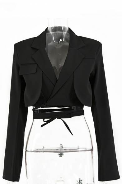 Ladies Hot Suit Blazer Solid Color Notched Lapel Collar Cropped Tie Back Suit