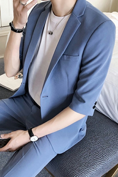 Men Classic Suit Set Plain Single Button Lapel Collar Jacket Side Pocket Slim Fit Pants Suit Set