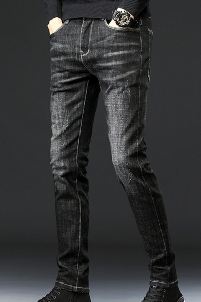 Men Stylish Jeans Plain Pocket Detail Zip Placket Bleach Full Length Jeans