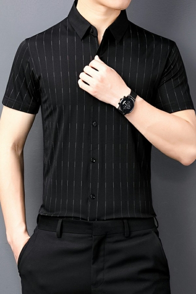 Modern Men Stripe Print Shirt Button Closure Turn-down Collar Regular Fit Shirt