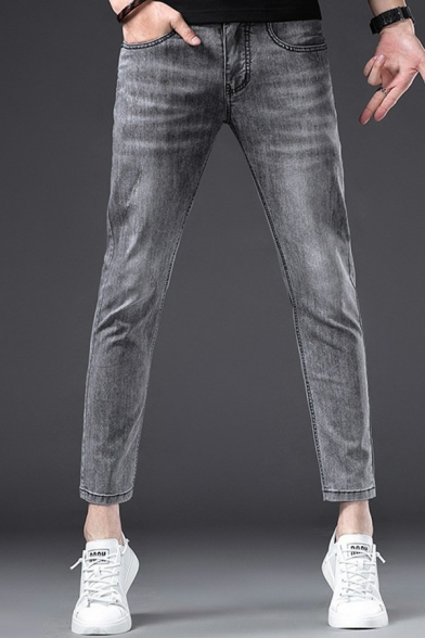 Modern Plain Jeans Medium Wash Pocket Detail Zipper Placket Jeans for Men