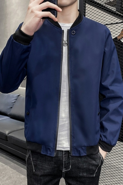 Street Look Guys Jacket Contrast Color Pocket Stand Collar Long Sleeve Zip Baseball Jacket