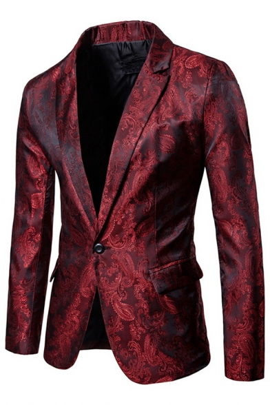 Trendy Guys Suit Set Jacquard Print One Button Lapel Collar Jacket Pocket Detail Suit Set