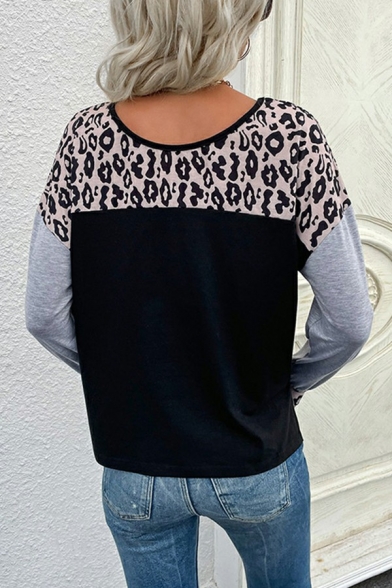 Urban Women Sweatshirt Contrast Color Round Neck Long-Sleeved Sweatshirt in Black