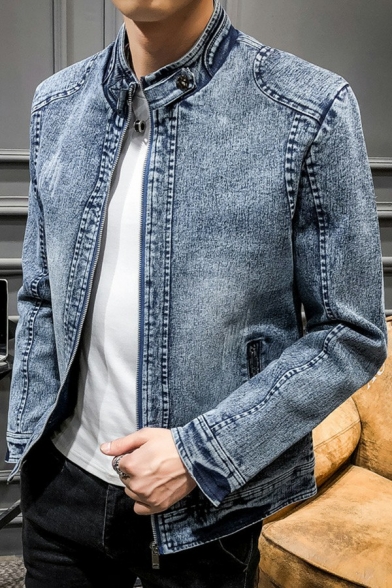 Vintage Guys Denim Jacket Plain Stand Collar Zip Closure Pocket Detail Denim Jacket