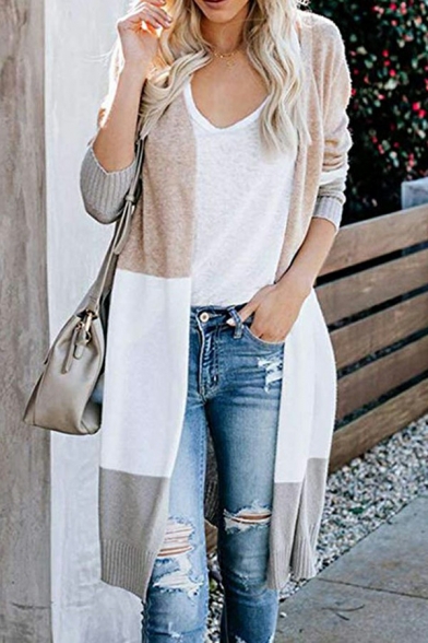 Women Basic Cardigan Contrast Color Long Sleeve Open Front Fitted Knit Cardigan