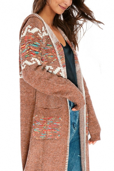 Women Cardigan Dashing Tribal Pattern Long Sleeve Open Front Fitted Knit Cardigan