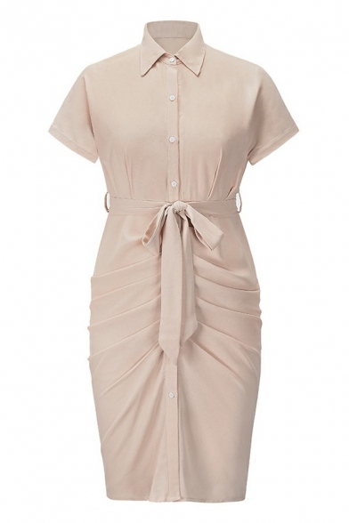 Women Stylish Dress Plain Short Sleeve Spread Collar Regular Fit Mid Rise Shirt Dress