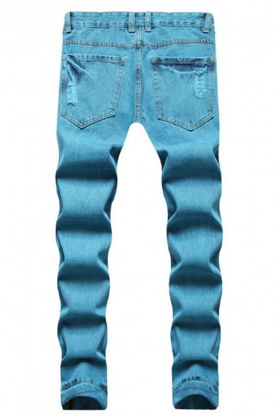 Casual Mens Plain Jeans Medium Wash Ripped Design Pocket Detail Zipper Placket Jeans