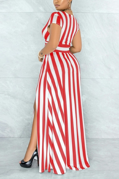 Dashing Ladies Dress Striped Pattern V Neck Cap Sleeve Slit Detail Long Length Dress