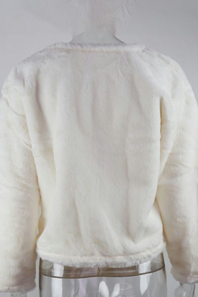 Ladies Faddish Sweatshirt Pure Color Round Neck Cropped Faux Fur Sweatshirt