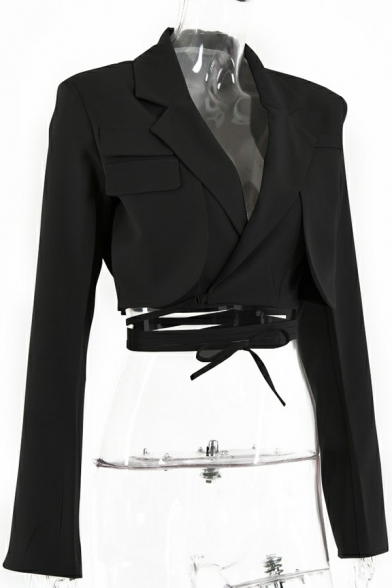 Ladies Hot Suit Blazer Solid Color Notched Lapel Collar Cropped Tie Back Suit