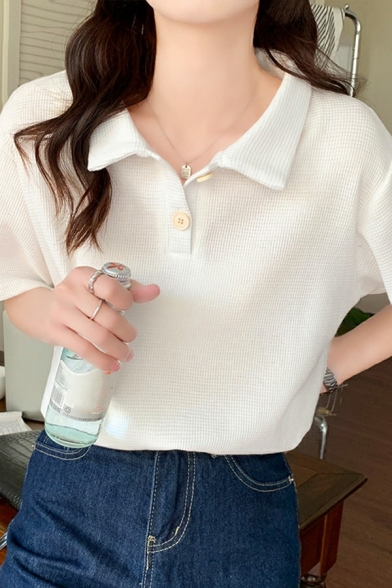 Leisure Womens Polo Shirt Plain Turn-Down Collar Button Down Short Sleeve Polo Shirt