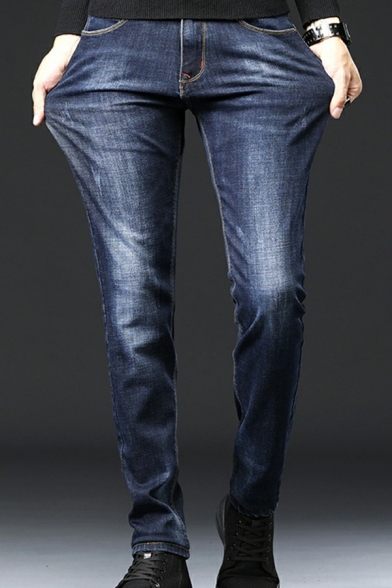 Men Stylish Jeans Plain Pocket Detail Zip Placket Bleach Full Length Jeans