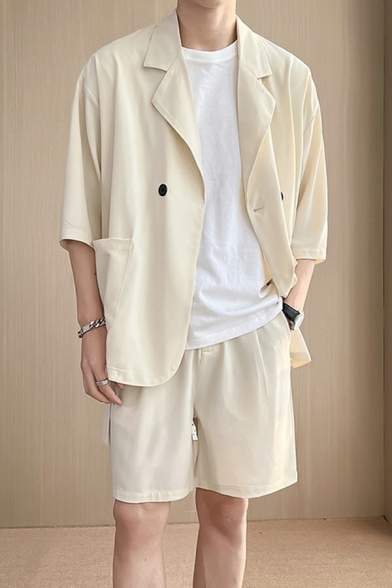 Men Trendy Suit Blazer Plain Pocket Half Sleeve Lapel Collar Single Button Blazer