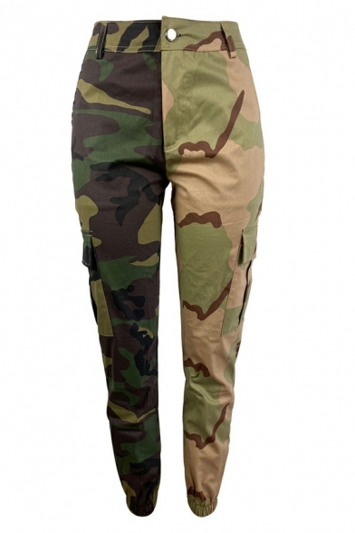 Popular Pants Contrasting Color Camouflage Mid Rise Pocket Detail Pants for Women