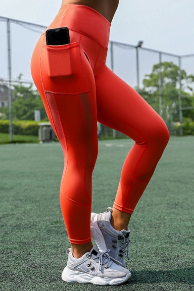Sportwear Womens Leggings Splicing Mesh Solid Color High Waist Yoga Leggings