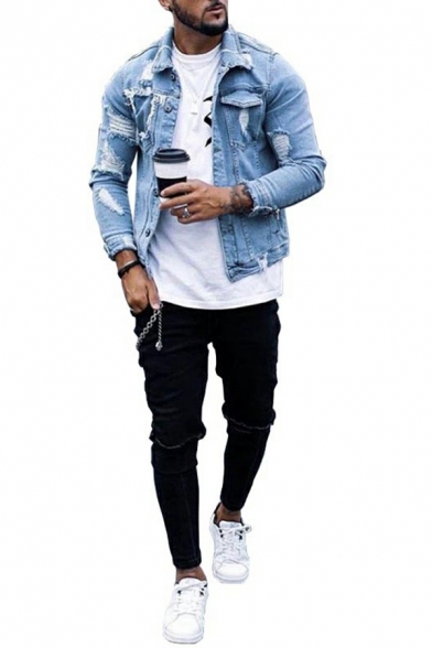 Street Look Guy's Jacket Pure Color Chest Pocket Spread Collar Distressed Denim Jacket in Blue