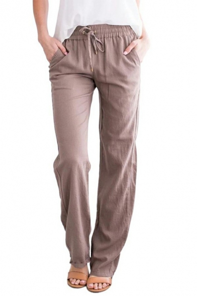 Stylish Women Drawstring Pants Pure Color Mid Rise Pocket Detail Pants