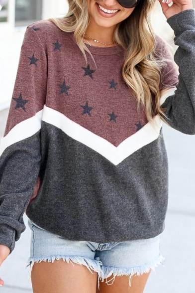 Stylish Women Sweatshirt Star Print Round Neck Long-Sleeved Sweatshirt