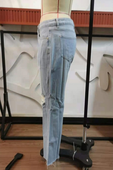 Trendy Light Blue Jeans High Rise Pocket Detail Ripped Design Jeans for Women