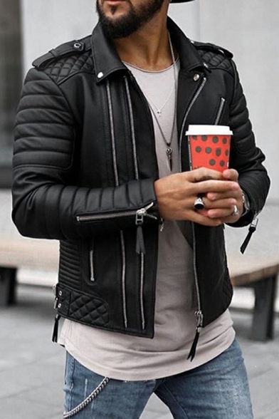 Urban Jacket Plain Turn-down Collar Zipper Padded Pocket Leather Jacket for Guys