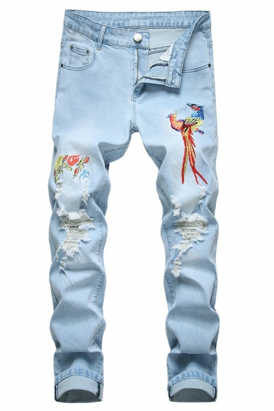 Casual Mens Jeans Mandarin Duck Print Medium Wash Pocket Detail Zipper Placket Full Length Jeans