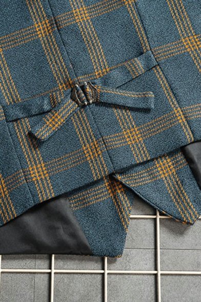 Classic Blue Suit Vest Plaid Pattern Button Closure V-Neck Pocket Suit Vest for Guys