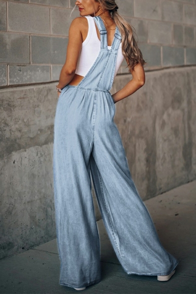 Cool Women Jeans Solid Color Ripped Pockets Full Length Flared Denim Overalls