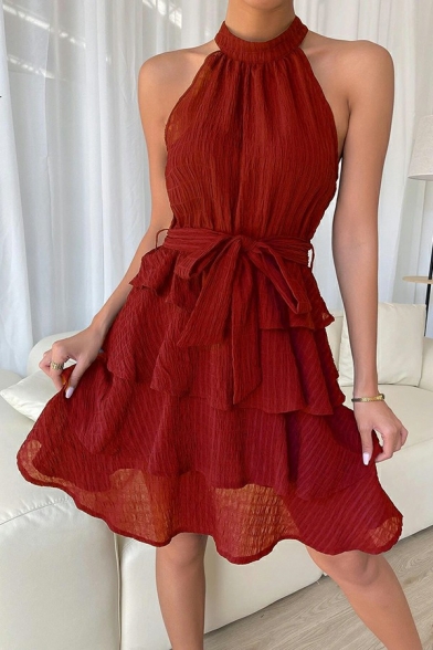 Cozy Dress Solid Color Halter Sleeveless Ruffles Detail Mini Length Dress for Girls