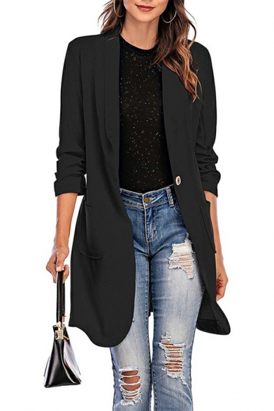 Elegant Women Midi Blazer Pure Color Pocket Detail Single Button Shawl Collar Blazer
