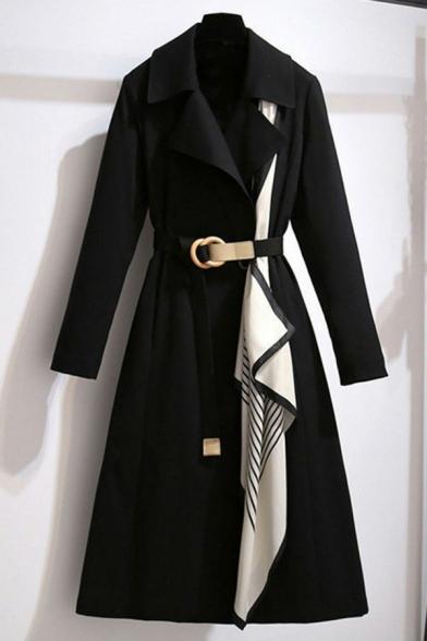 Elegant Womens Jacket Plain Notch Lapel Belted Long Sleeve Draped Long Trench Coat