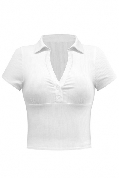 Hot Womens Polo Shirt Solid Color V Neck Button Detail Short Sleeve Ribbed Polo Shirt